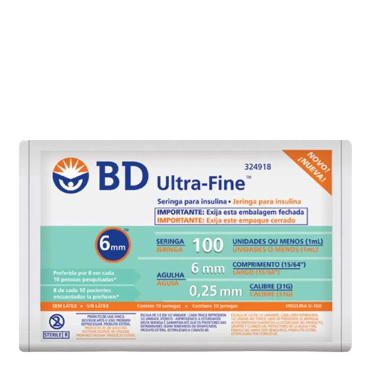 Seringa para Insulina 100 UI 1 ml Agulha 6 mm 10x1 Ultra-Fine BD 1 unidade
