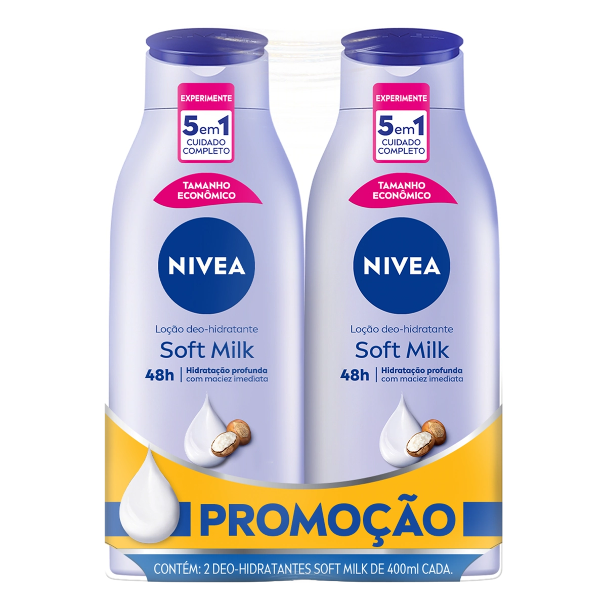 Pack Loção Corporal Deo Hidratante Nivea Soft Milk Frasco 2 Unidades 400ml Cada Embalagem Econômica