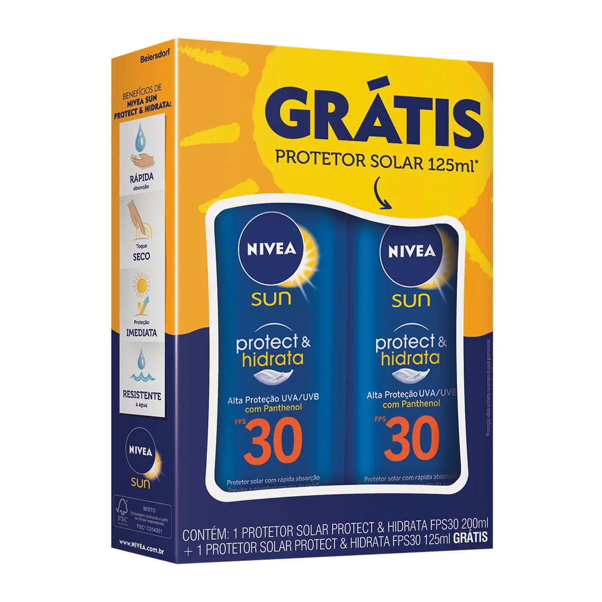 Kit Protetor Solar 200ml Grátis Protetor Solar 125ml Protect Hidrata Fps 30 Nivea Sun
