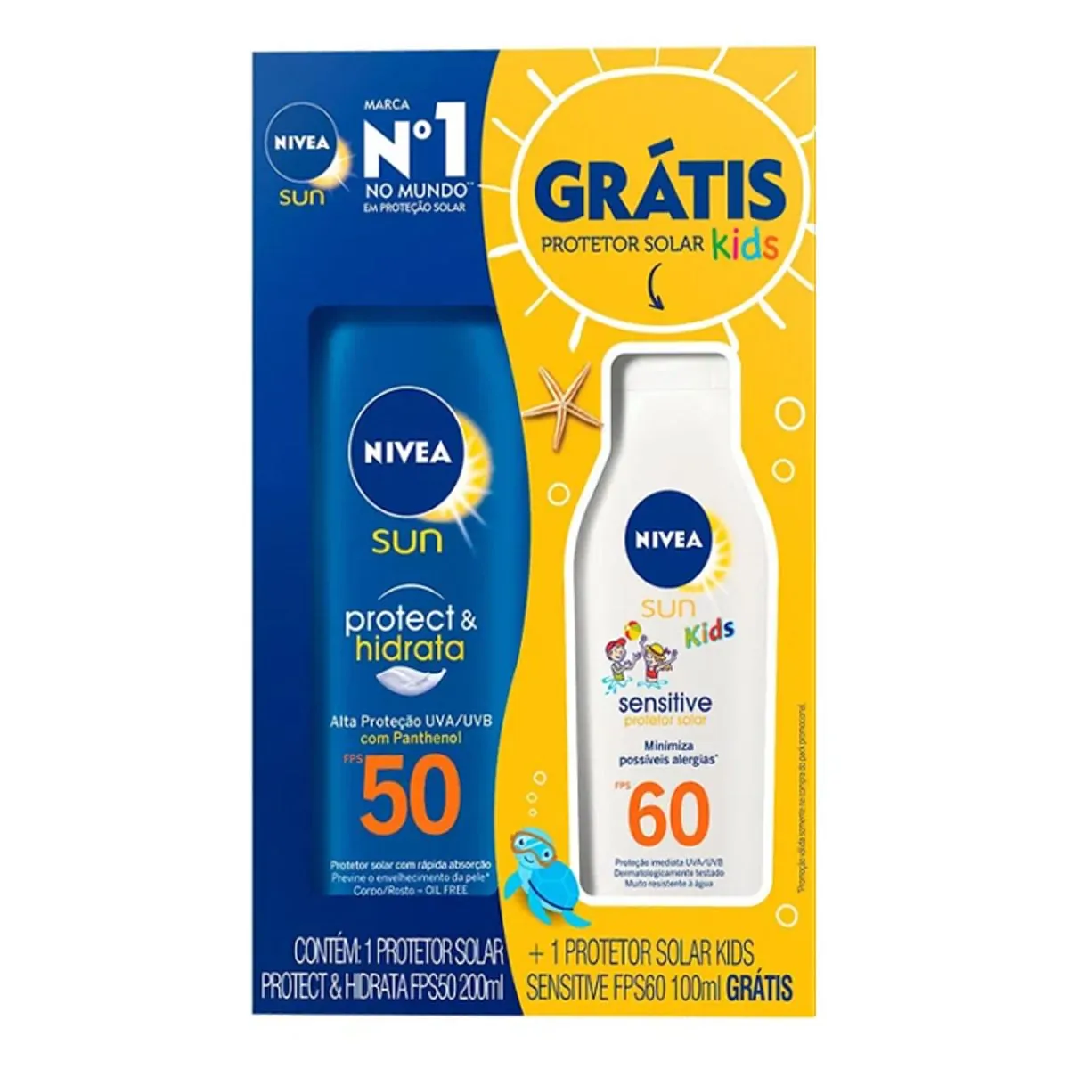 Kit Protetor Solar Protect &amp; Hidrata FPS 50 200ml Grátis Protetor Solar Sensitive Kids FPS 60 100ml Nivea Sun