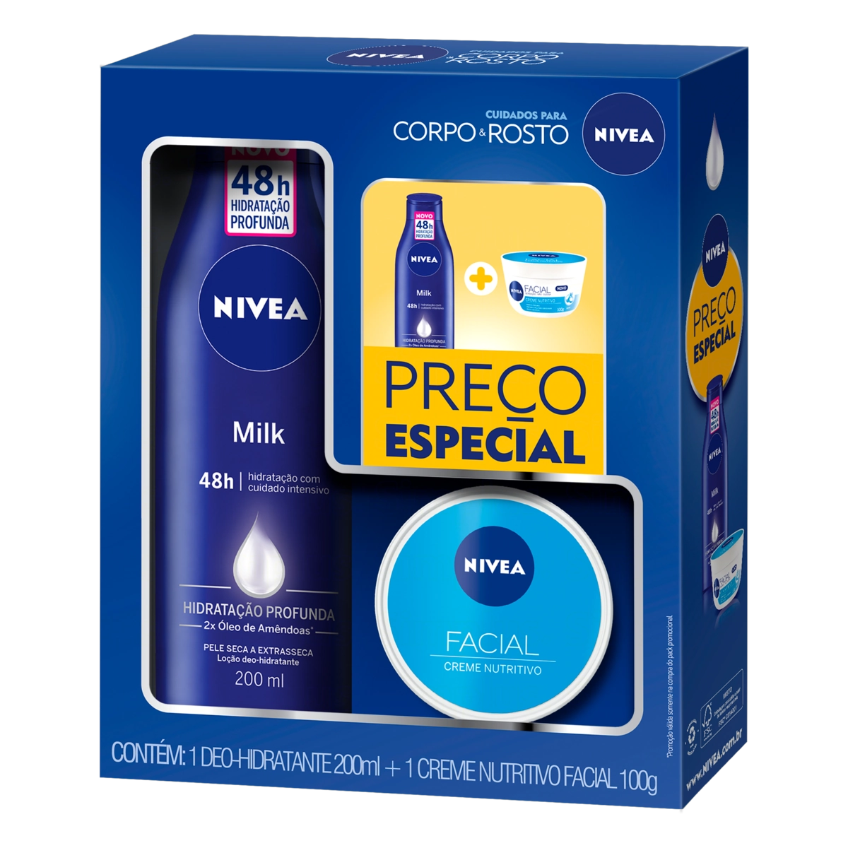Kit Loção Deo Hidratante Corporal Milk 200ml Creme Nutritivo Facial Nivea 100g