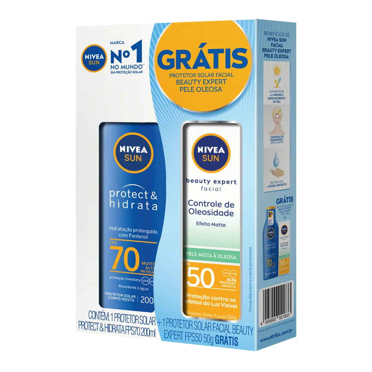 Kit Protetor Solar FPS 70 Protect & Hidrata Nivea Sun 200ml Grátis Protetor Solar Facial Beauty Expert FPS 50 50 g