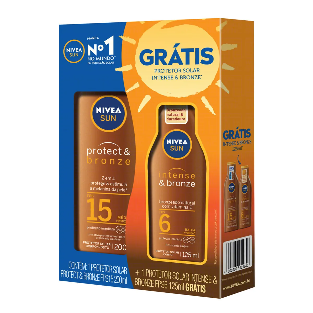 Kit Protetor Solar Protect & Bronze FPS 15 Nivea Sun 200ml Grátis Protetor Solar Intense & Bronze FPS 6 125ml