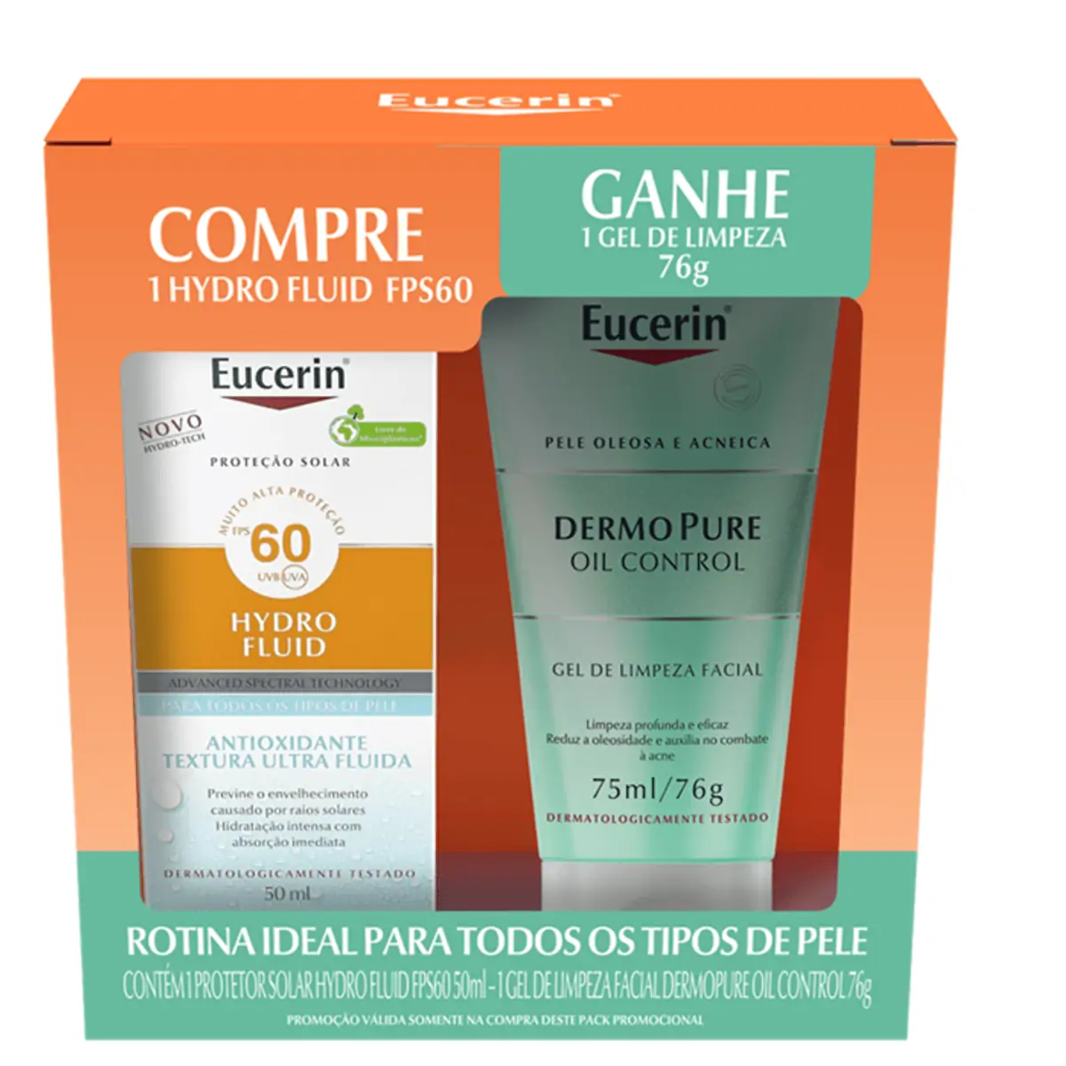 Kit Protetor Solar Facial Creme Fps 60 Eucerin Hydro Fluid 50ml Grátis Gel De Limpeza Dermo Pure Oil