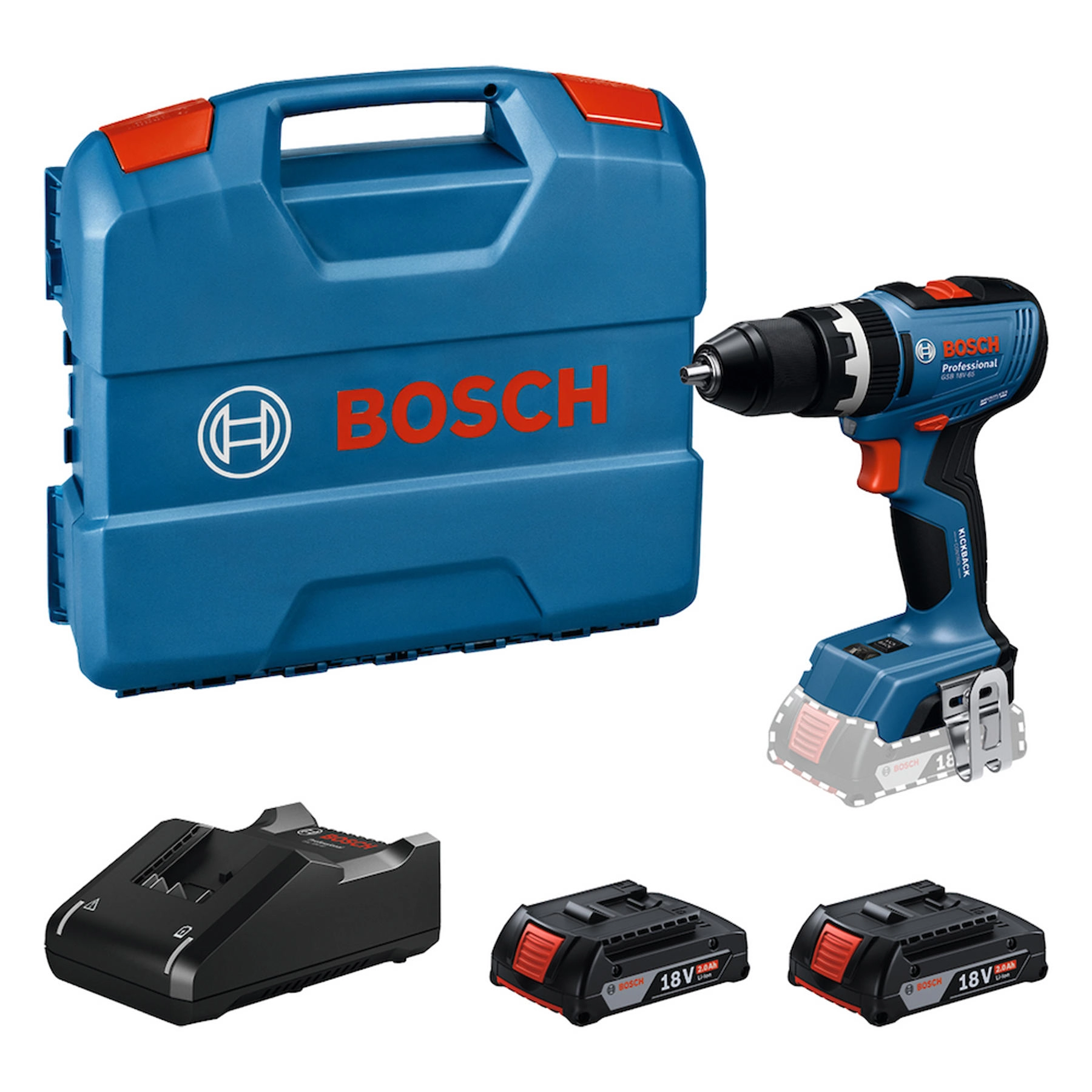 Furadeira e Parafusadeira de Impacto Bosch GSB 18V-65 2B a Bateria 18V Brushless 1/2" com 2 Baterias e Carregador