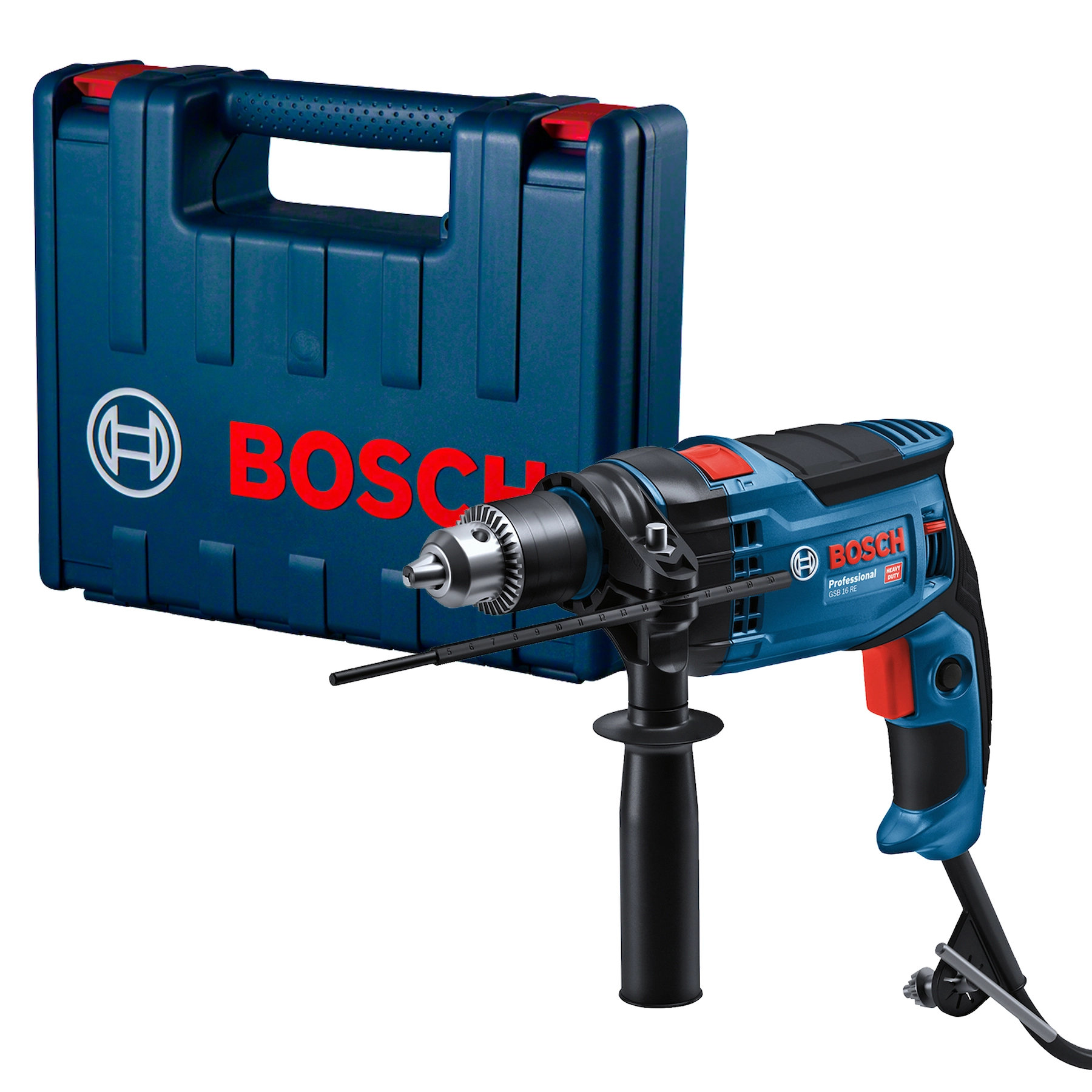 Furadeira de Impacto Bosch GSB 16 RE 850W 1" 220V com Maleta, Chave de Mandril, Empunhadura e Limitador de Profundidade