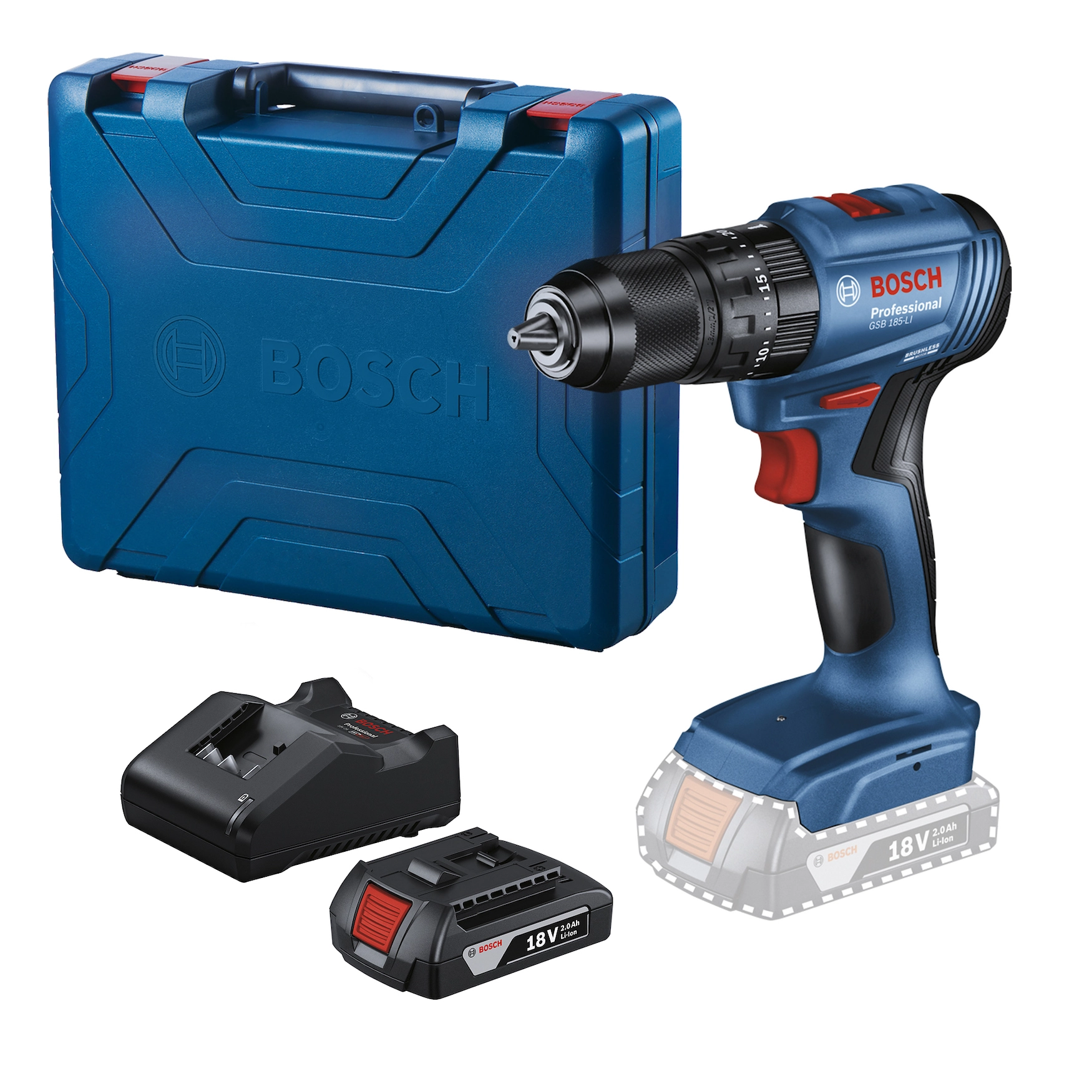 Furadeira e Parafusadeira de Impacto Bosch GSB 185-LI 1 B a Bateria 18V Brushless 1/2" com 1 Bateria e Carregador
