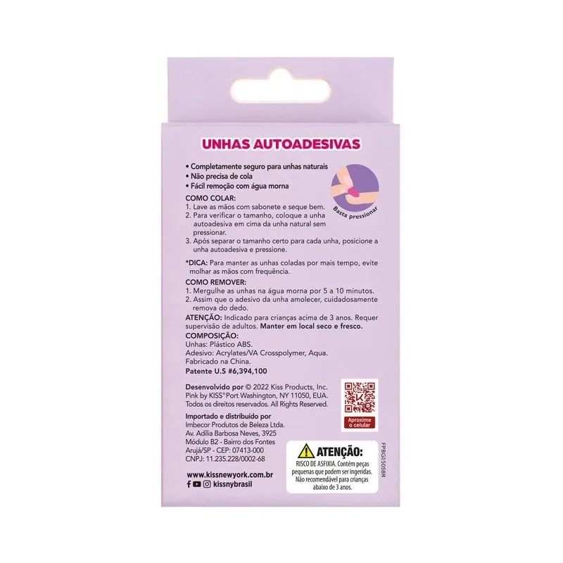 Unha Postiça Infantil Autoadesiva Unicorn Kiss New York Pink Caixa 24 Unidades