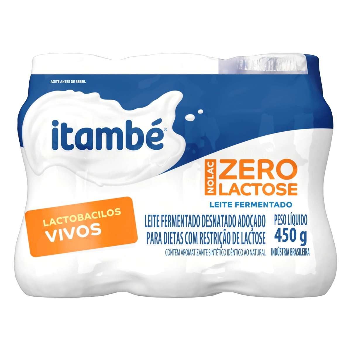Pack Leite Fermentado Adoçado Desnatado Zero Lactose Itambé Nolac Frasco 450g 6 Unidades