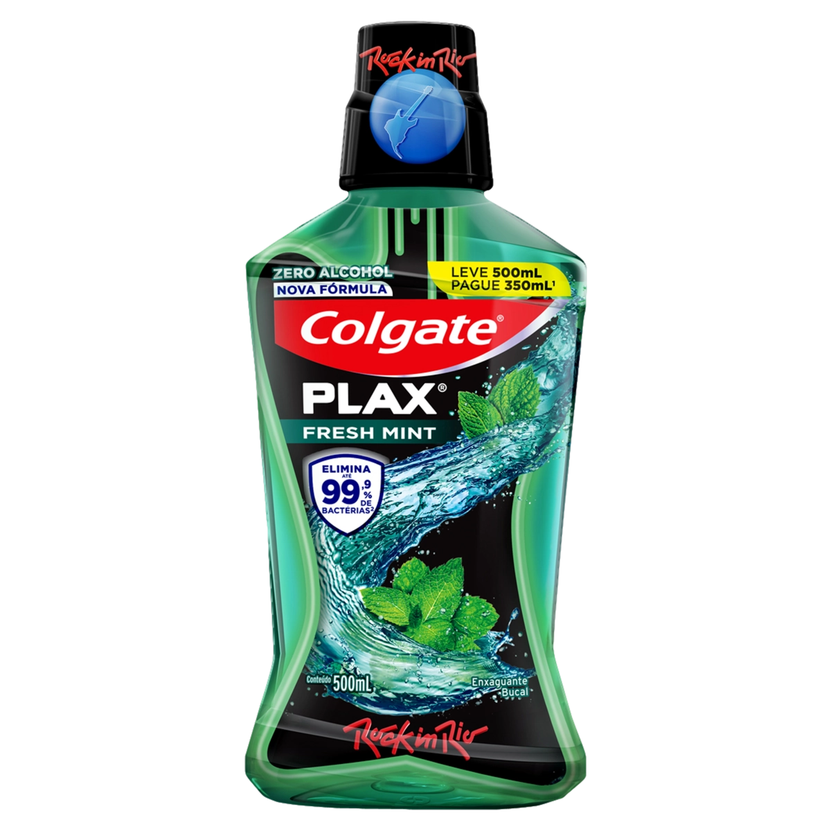 Enxaguante Bucal Fresh Mint Rock In Rio Colgate Plax Frasco Leve 500ml Pague 350ml