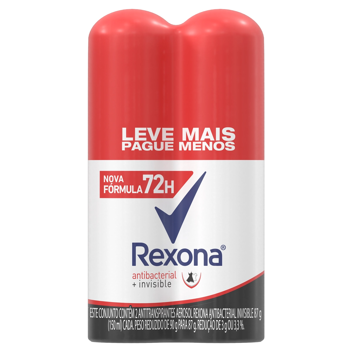 Pack Antitranspirante Aerossol Antibacterial E Invisible Rexona 2 Unidades 150ml Cada Spray Leve Mai