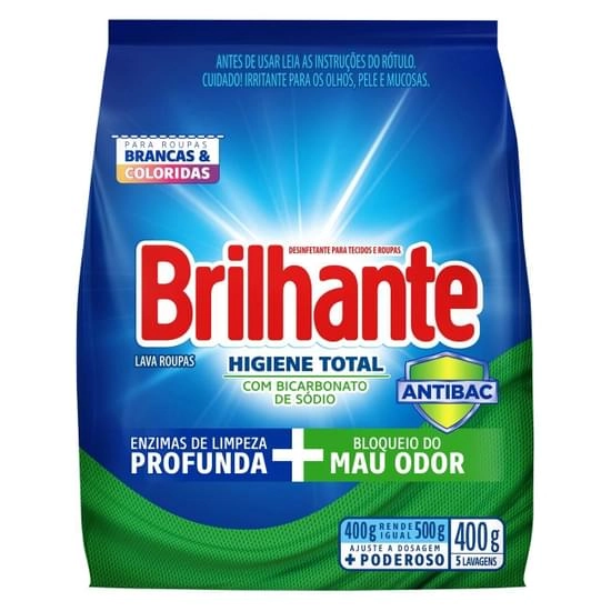 Lava Roupas Pó Roupas Brancas E Coloridas Brilhante Higiene Total Antibac Pacote 400g