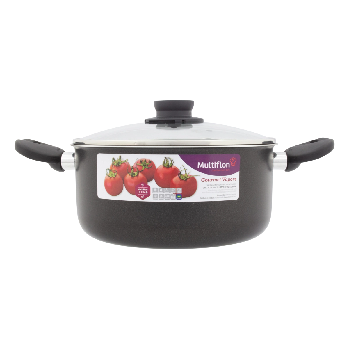 Caçarola Preta Alumínio Com Tampa De Vidro Antiaderente 5,0l Multiflon Gourmet Vapore