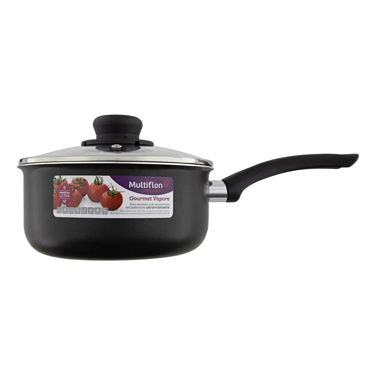 Panela Preta Alumínio Com Tampa De Vidro Antiaderente 2,0l Multiflon Gourmet Vapore