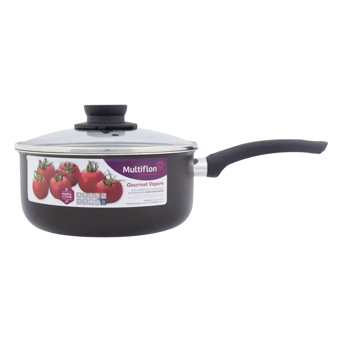 Panela Preta Alumínio Com Tampa De Vidro Antiaderente 2,7l Multiflon Gourmet