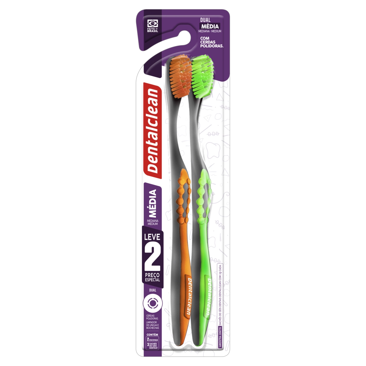 Escova Dental Média Dentalclean Dual 2 Unidades Grátis 3 Sachês De Géis Dentais