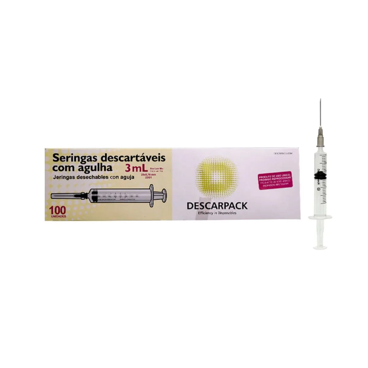 Seringa 3 ml com Agulha 25x7 Bico Slip - Caixa com 100 Unidades