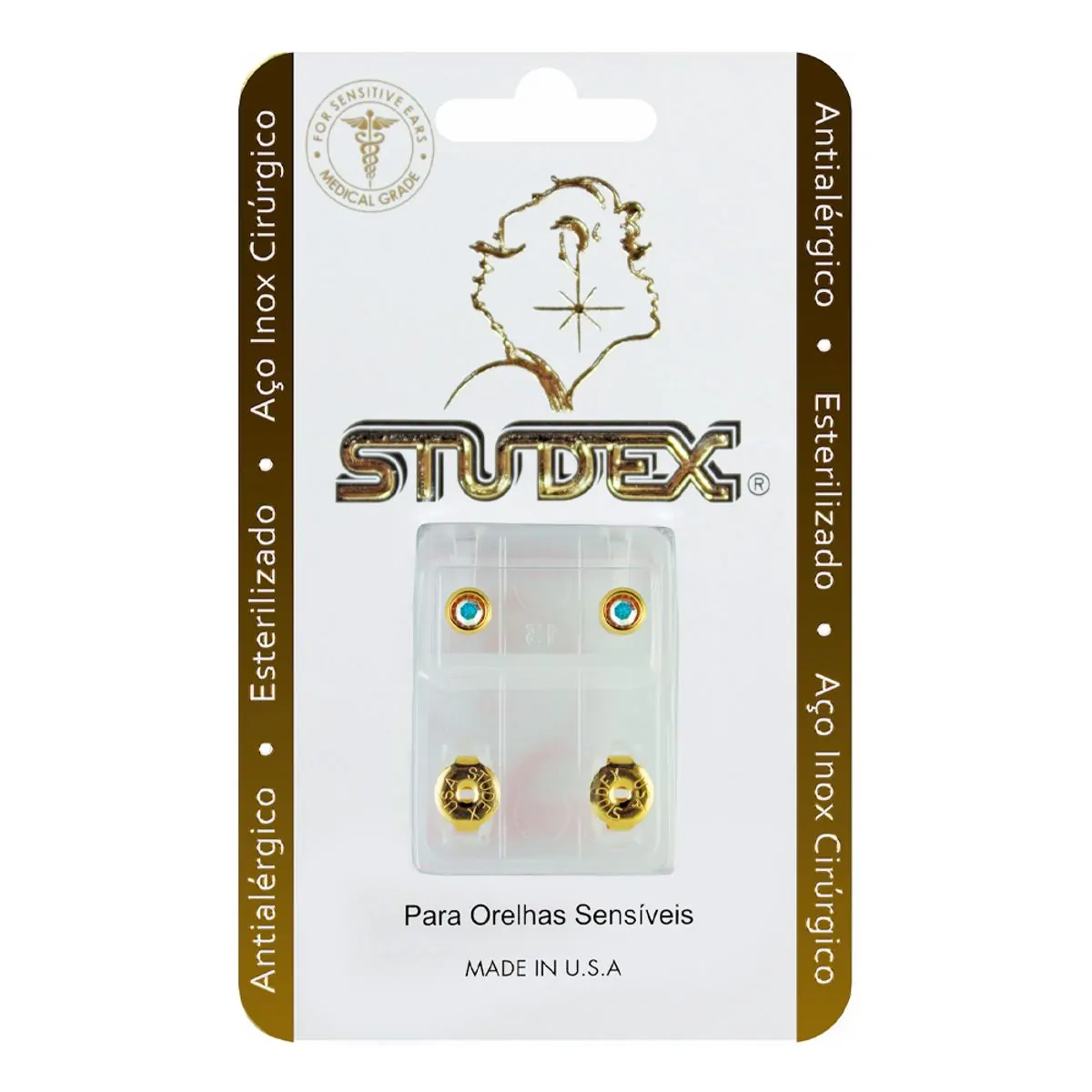 Brinco Antialérgico Studex Classic Bezel Furtacor Médio Dourado