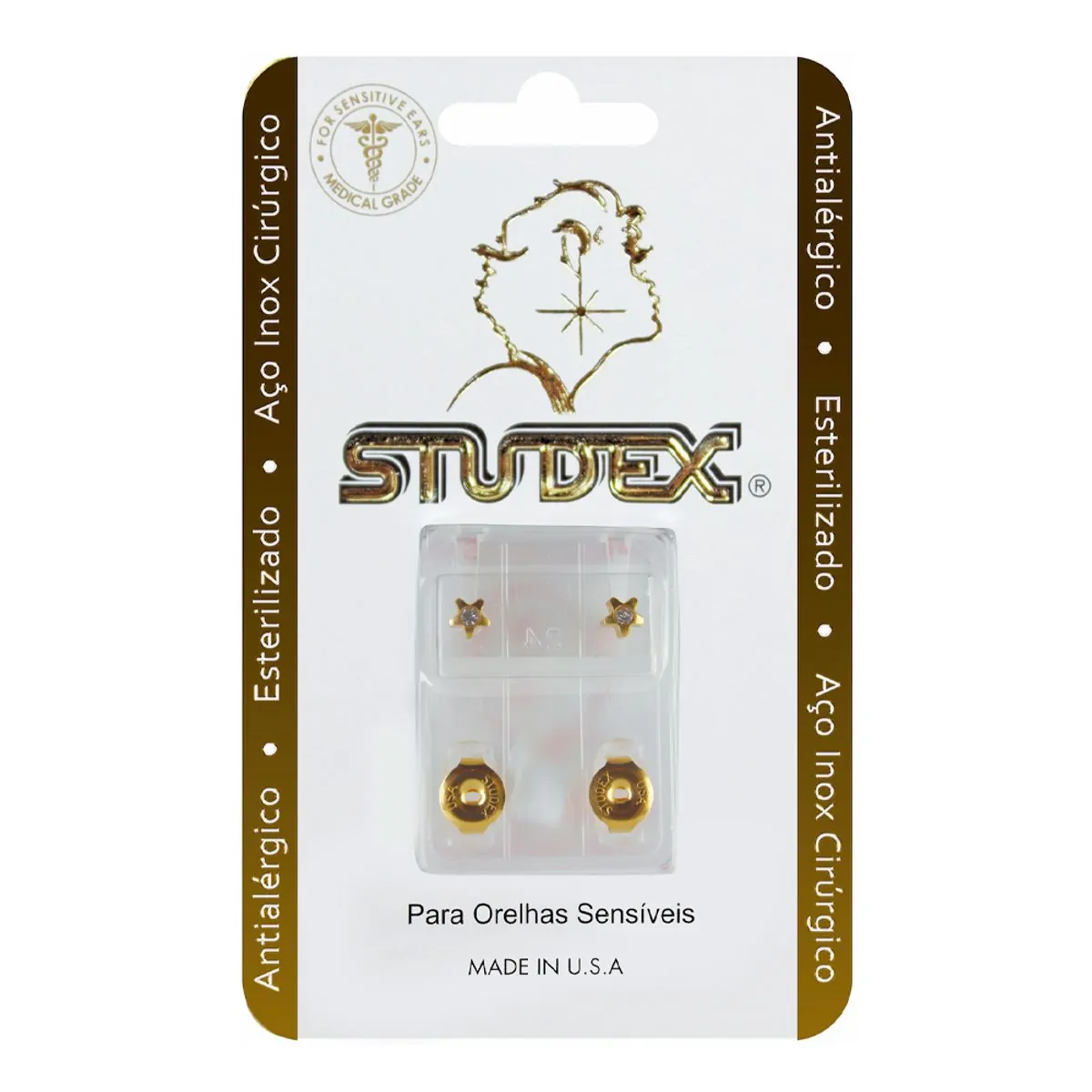 Brinco Antialérgico Studex Classic Estrela Cristal Médio Dourado