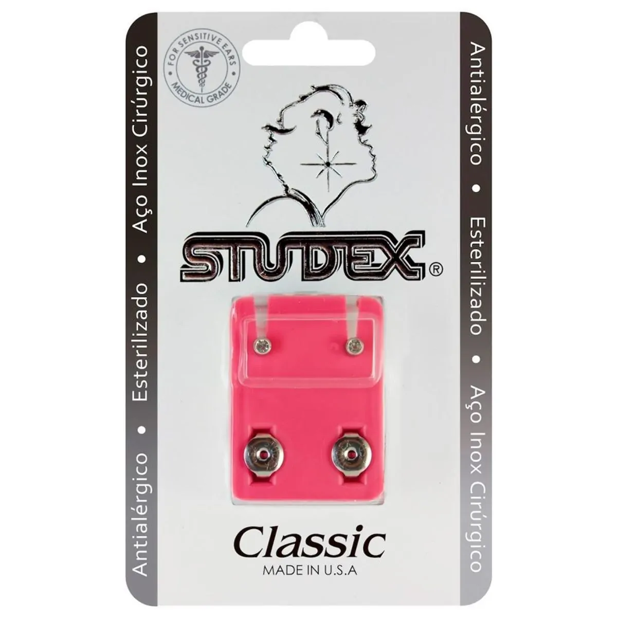 Brinco Antialérgico Studex Classic Bezel Cristal Médio Prata