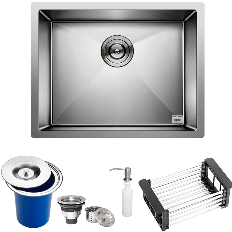 Cuba Quadrada Inox 304 Cozinha Pia Embutir Sobrepor Gourmet 50x40 Premium Com Lixeira De Embutir 5l E Acessórios