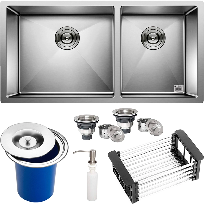 Cuba Dupla Quadrada Inox 304 Cozinha Pia Embutir Sobrepor Gourmet 9040 Assimétrica Lixeira 5l e Acessórios