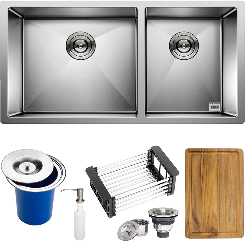 Cuba Dupla Quadrada Inox 304 Cozinha Embutir Gourmet 9040 Assimétrica Lixeira Embutir 5l, Tábua Multiuso E Acessórios