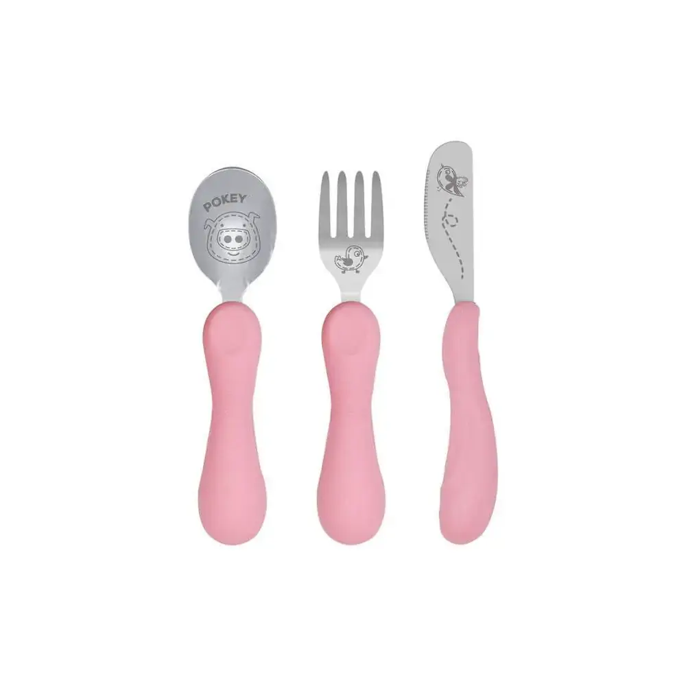 Jogo Anatômico Colher Garfo E Faca Com Inox Porquinha Pokey 3Pcs (Em Silicone E Inox) - Marcus & Mar