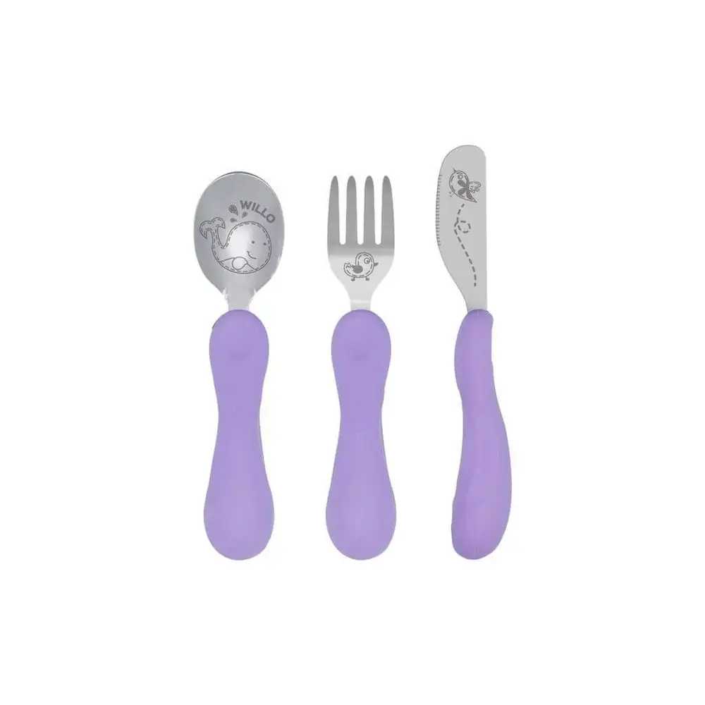 Jogo Anatômico Colher Garfo E Faca Com Inox Baleia Willo 3Pcs (Em Silicone E Inox) - Marcus & Marcus