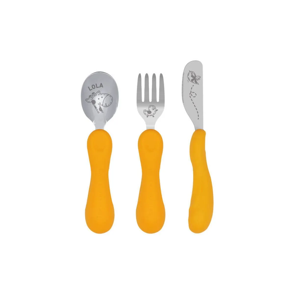 Jogo Anatômico Colher Garfo E Faca Com Inox Girafa Lola 3Pcs (Em Silicone E Inox) - Marcus & Marcus