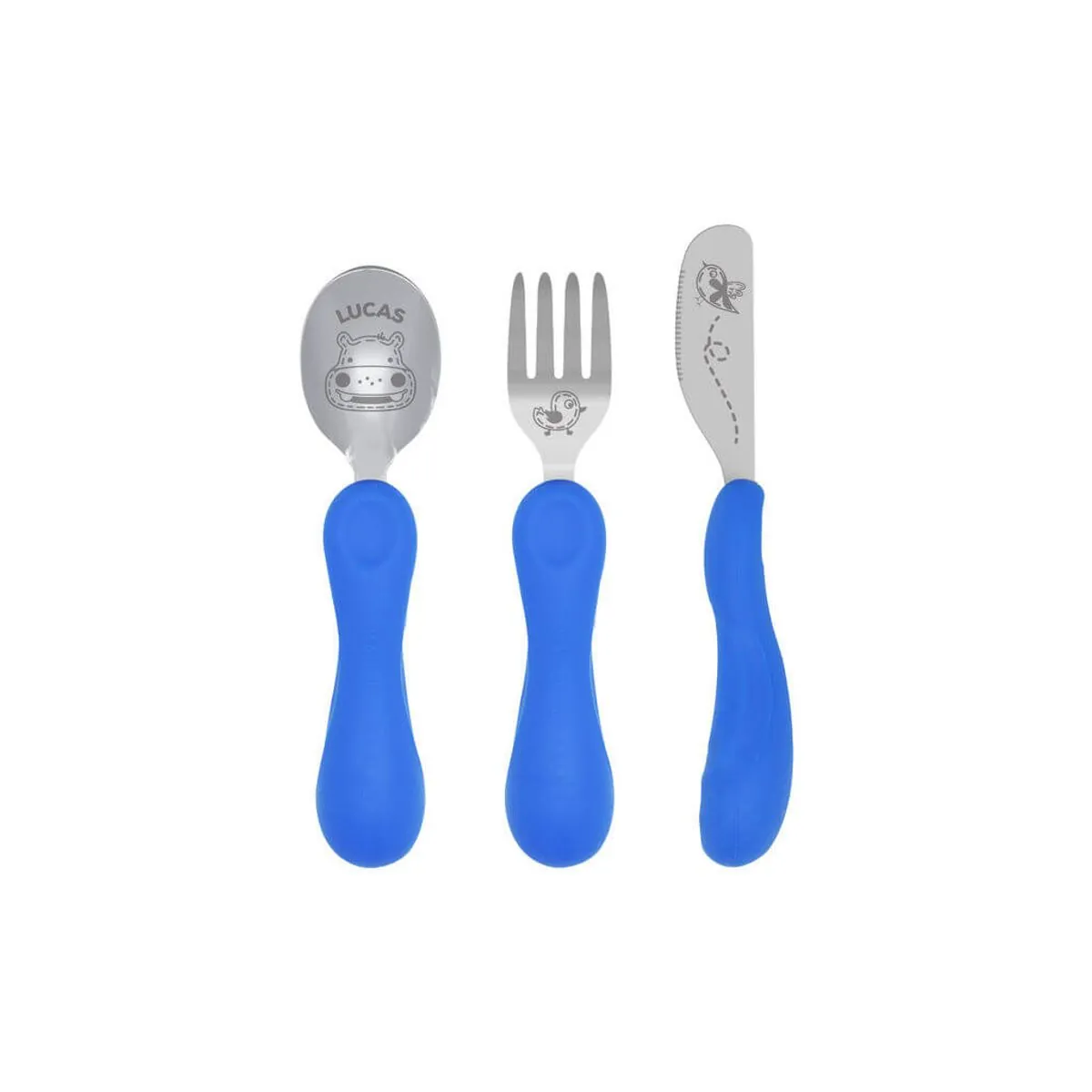 Jogo Anatômico Colher Garfo E Faca Com Inox Hipopótamo Lucas 3Pcs (Em Silicone E Inox) - Marcus & Ma