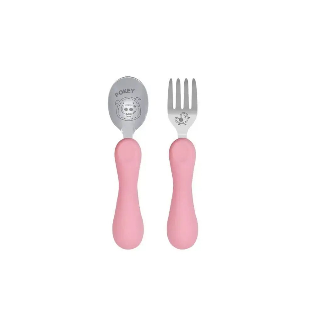 Jogo Anatômico Colher E Garfo Com Inox Porquinha Pokey 2Pcs (Em Silicone E Inox) - Marcus & Marcus