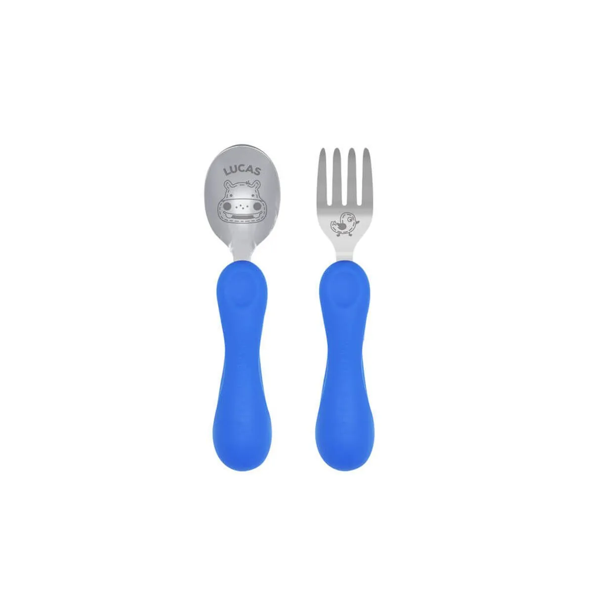 Jogo Anatômico Colher E Garfo Com Inox Hipopótamo Lucas 2Pcs (Em Silicone E Inox) - Marcus & Marcus
