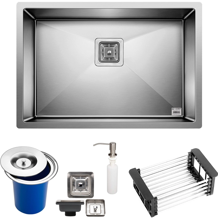 Cuba Quadrada Inox 304 Cozinha Pia Embutir Sobrepor Gourmet 65x45 Premium Com Lixeira Embutir 5 Litros