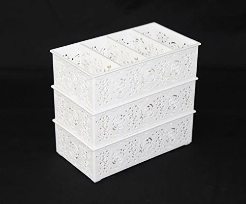 Multifunctional Stackable Organizing Baskets, Storage Containers Rose Hollow Design 3, White