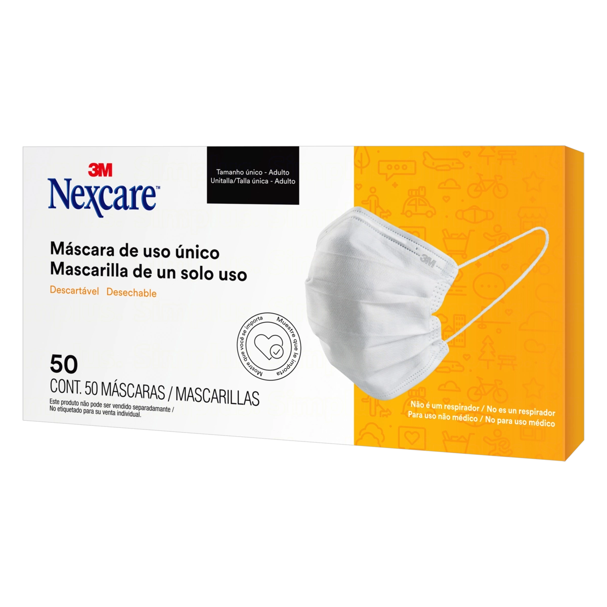 Máscara Descartável Tripla Camada Branca Nexcare Tamanho único Caixa 50 Unidades