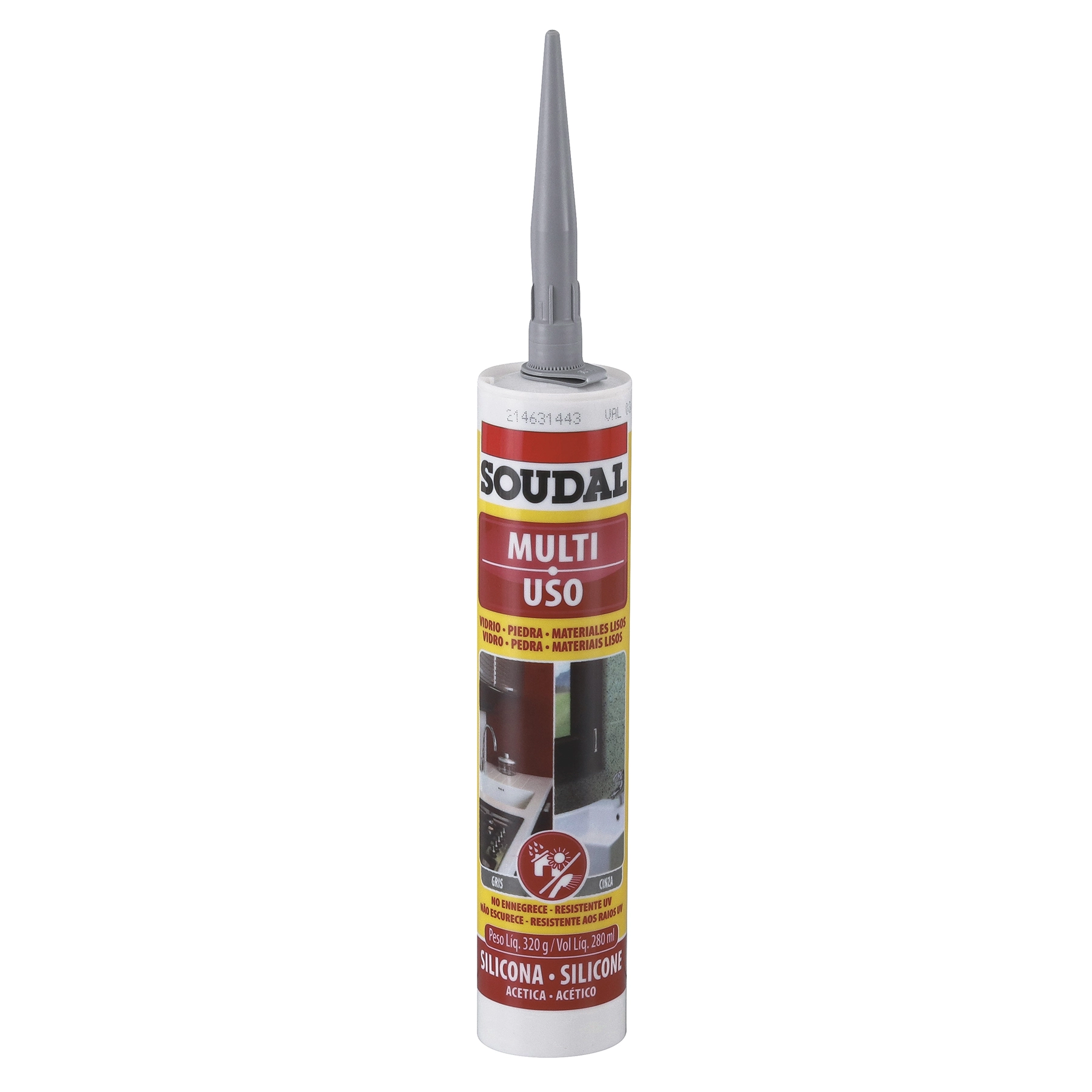 Silicone Acético para Banheiro, Box, Pia e Cozinha Cinza Tubo 320g Soudal