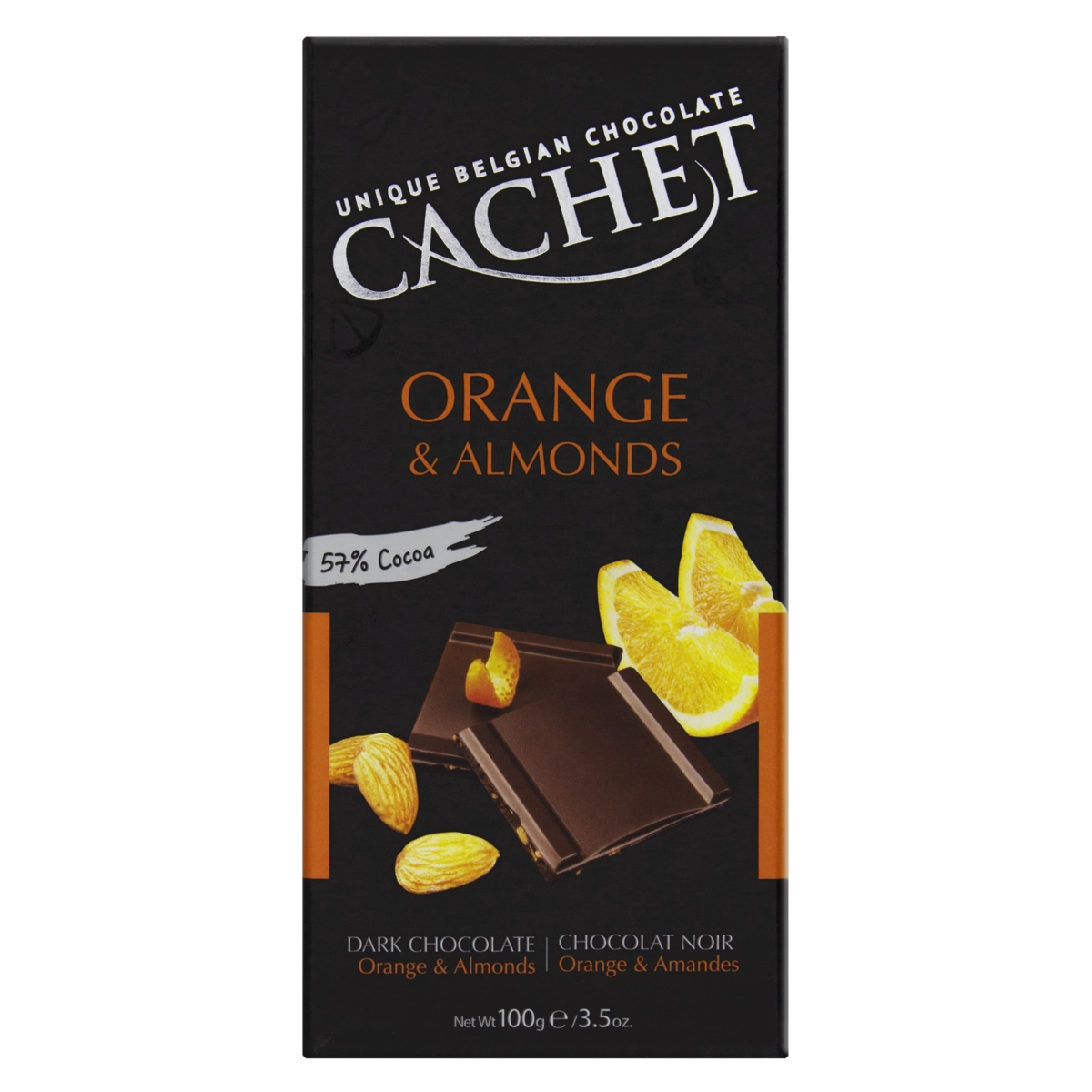 Chocolate Belga Amargo 57 Cacau Com Pedaços De Laranja E Amêndoas Cachet Caixa 100g