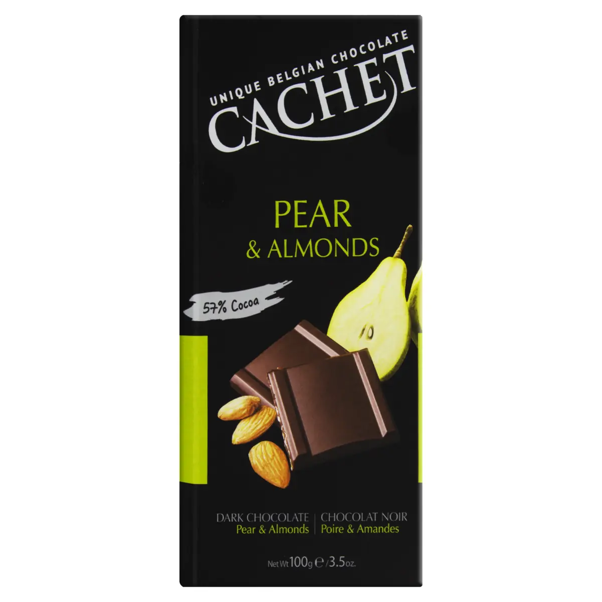 Chocolate Belga Amargo 57 Cacau Com Pedaços De Pera E Amêndoas Cachet Caixa 100g