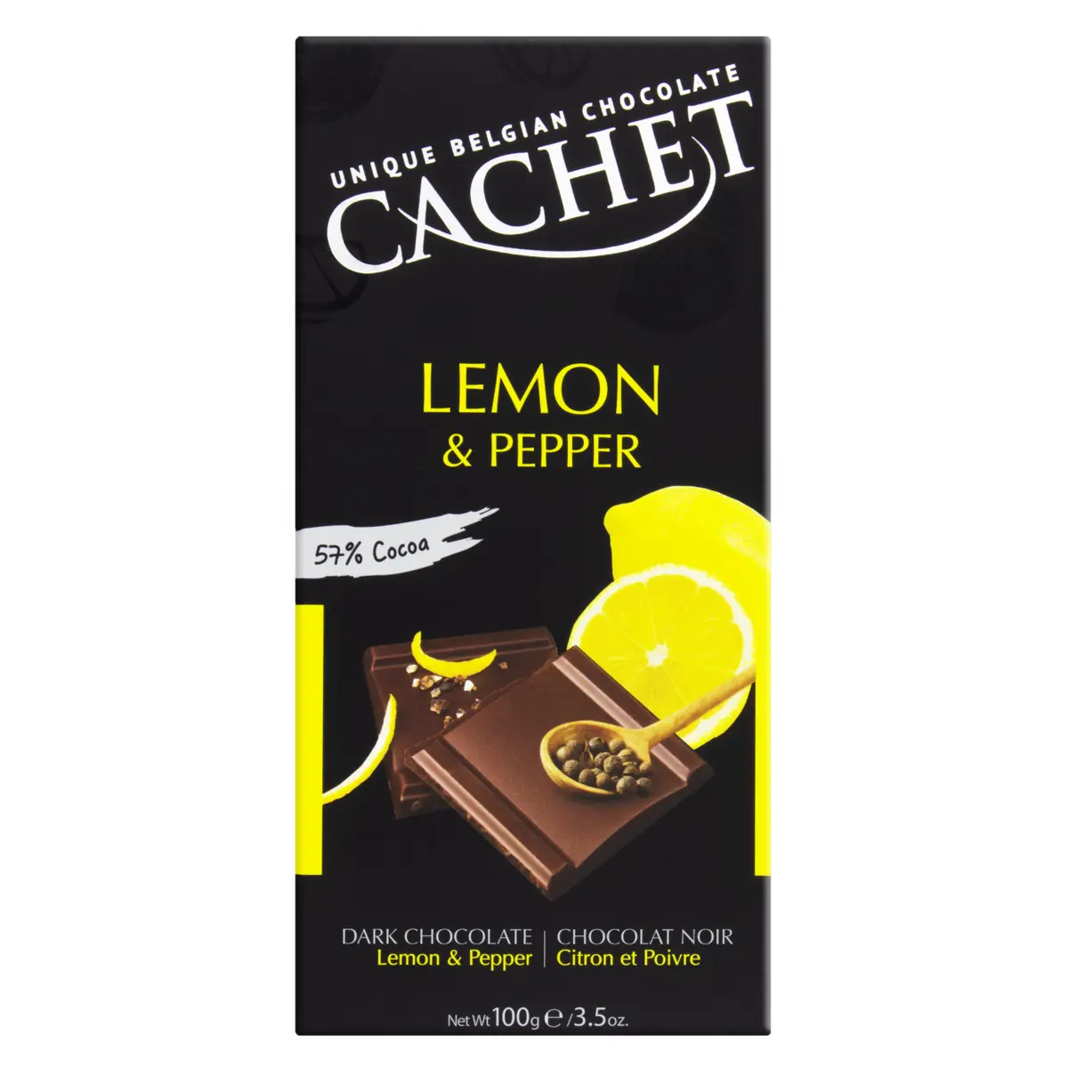 Chocolate Belga Amargo 57 Cacau Com Pedaços De Limão E Pimenta Preta Cachet Caixa 100g