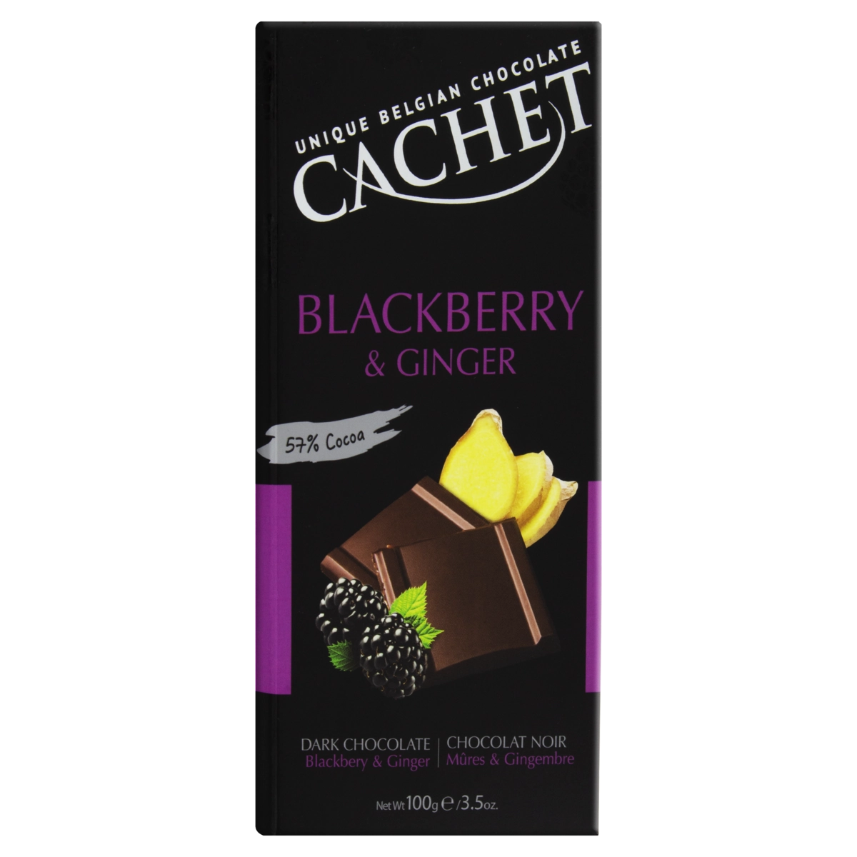 Chocolate Belga Amargo 57 Cacau Com Pedaços De Amora E Gengibre Cachet Caixa 100g