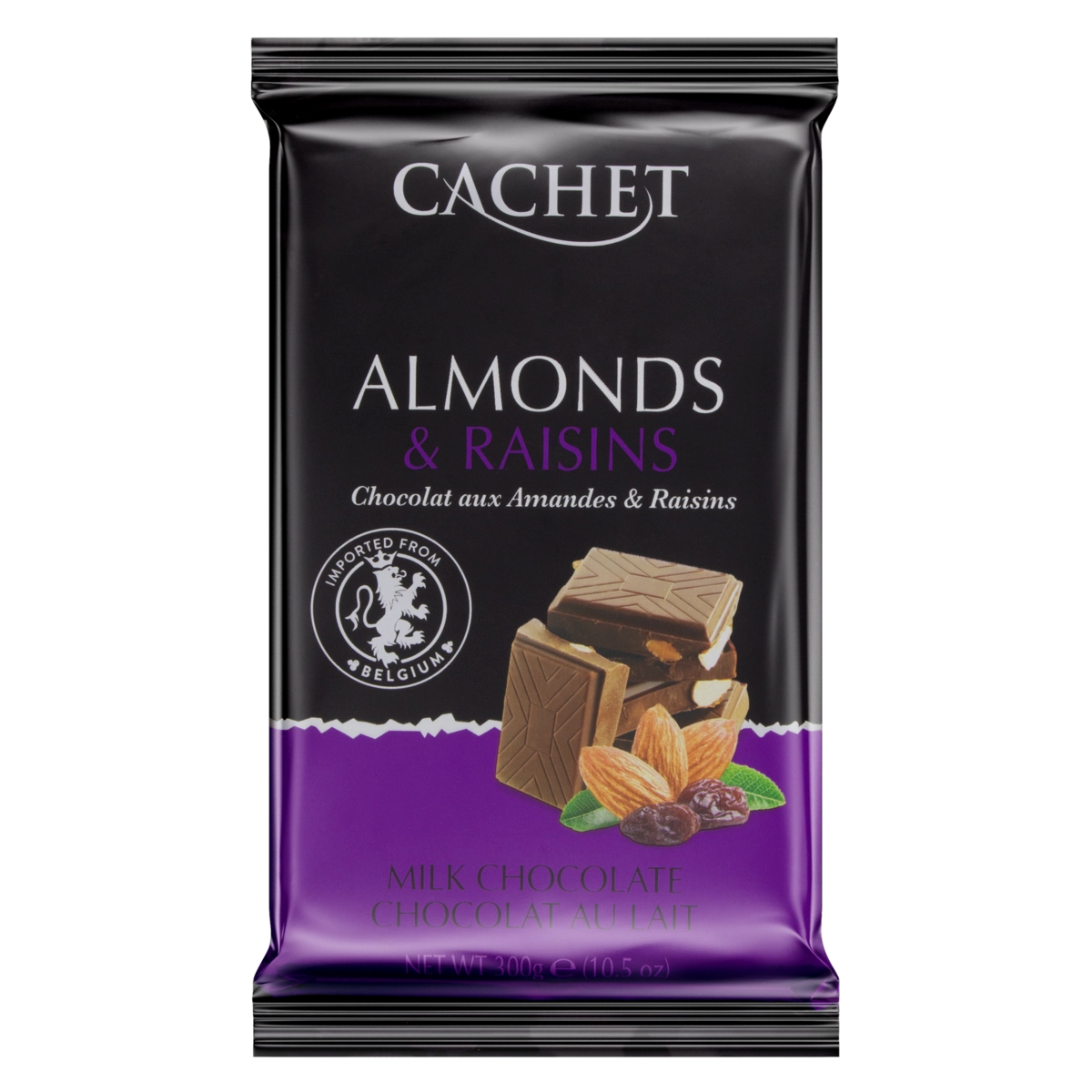 Chocolate Belga Ao Leite Com Pedaços De Amêndoas E Passas Cachet Pacote 300g
