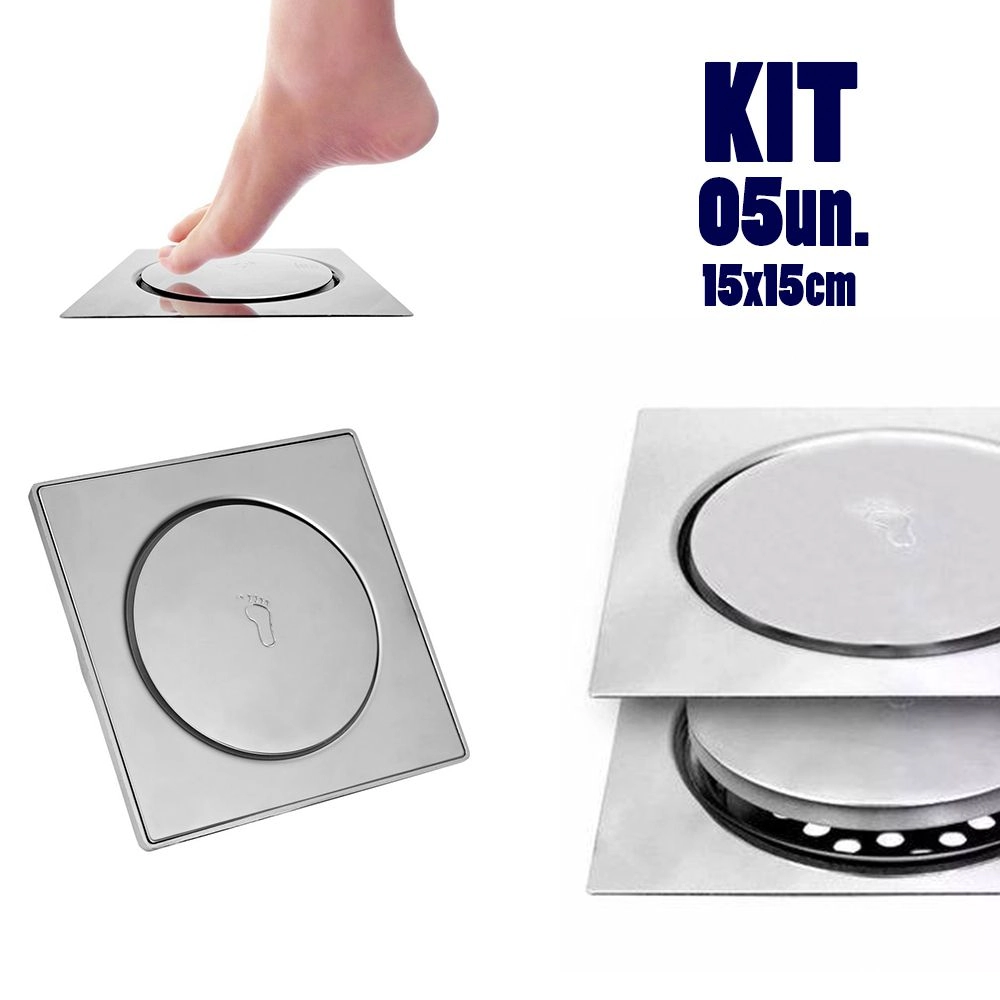 Ralo Click Aço Inox Inteligente 05 Un. Banheiro Pop Up 15x15 Banho