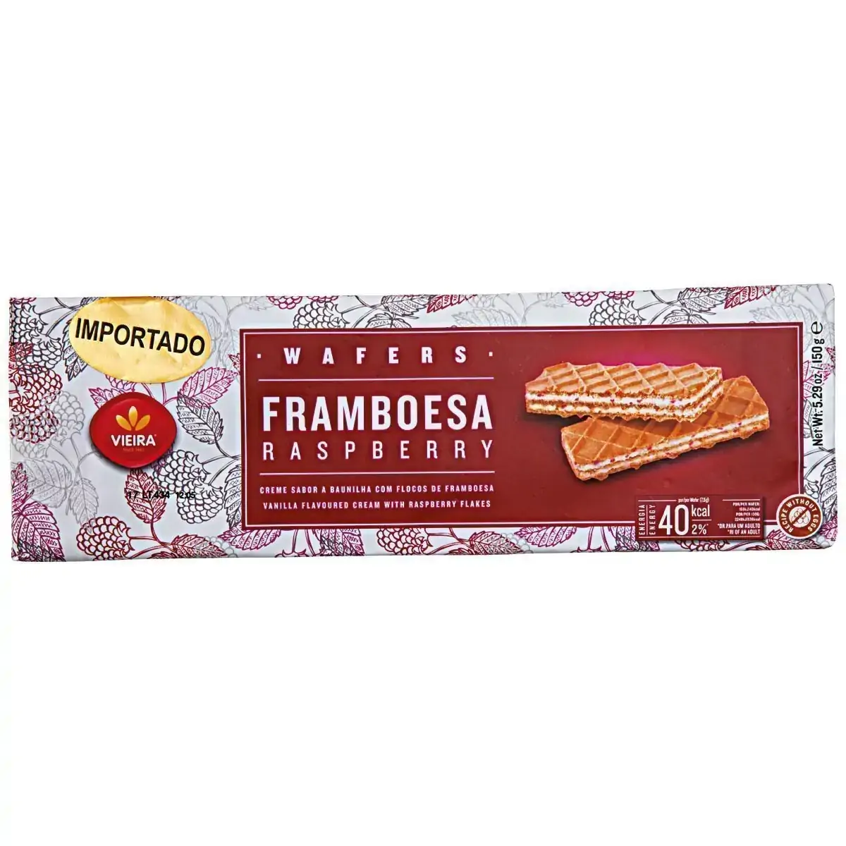 Biscoito Wafer Creme Baunilha Com Flocos De Framboesa Vieira Pacote 150g