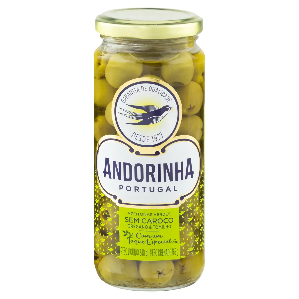 Azeitona Verde Em Conserva Sem Caroço Com Orégano E Tomilho Andorinha Vidro 165g