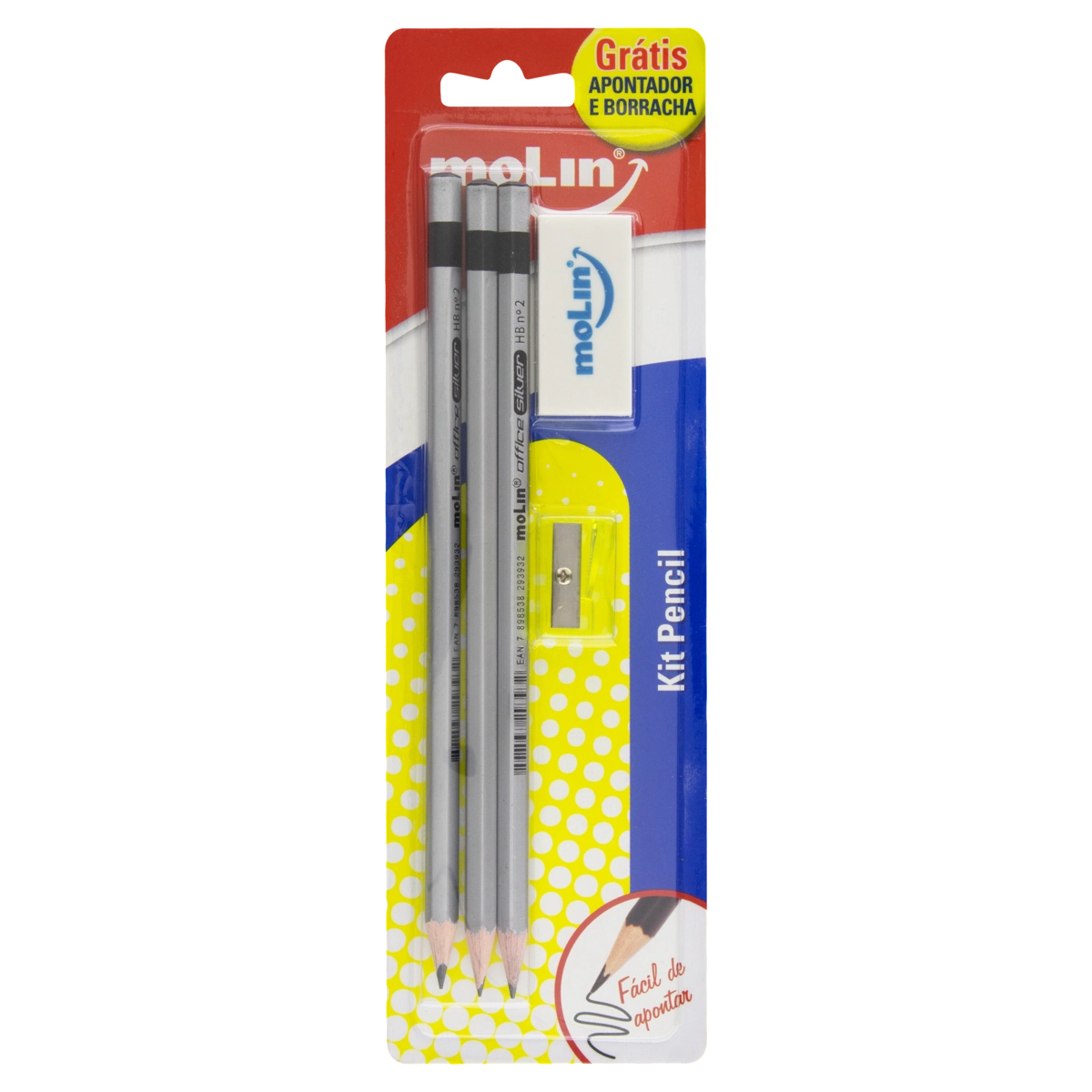 Kit 3 Lápis Preto Hb N 2 Office Silver Grátis 1 Apontador 1 Borracha Molin
