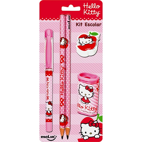 Kit Escolar Hello Kitty C/ 5 Itens 2 Lápis 1 Caneta 1 Borracha E 1 Apontador Molin