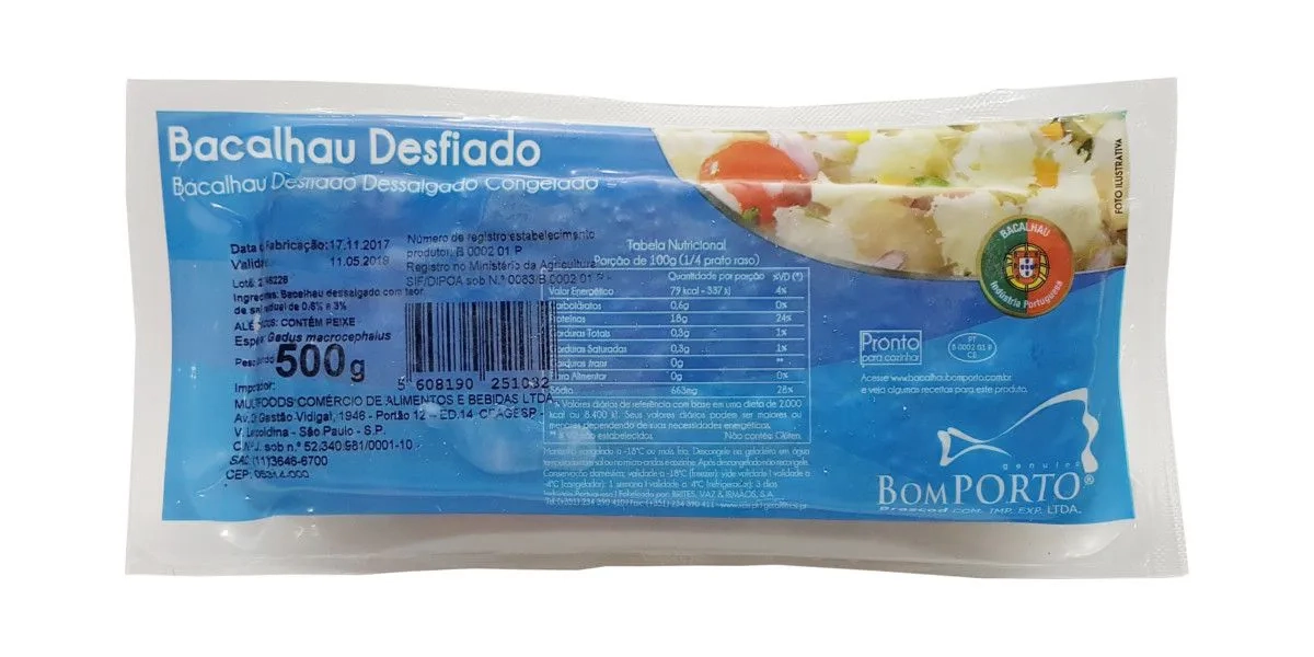 Bacalhau Congelado Desfiado Dessalgado Bom Porto Pacote 500g