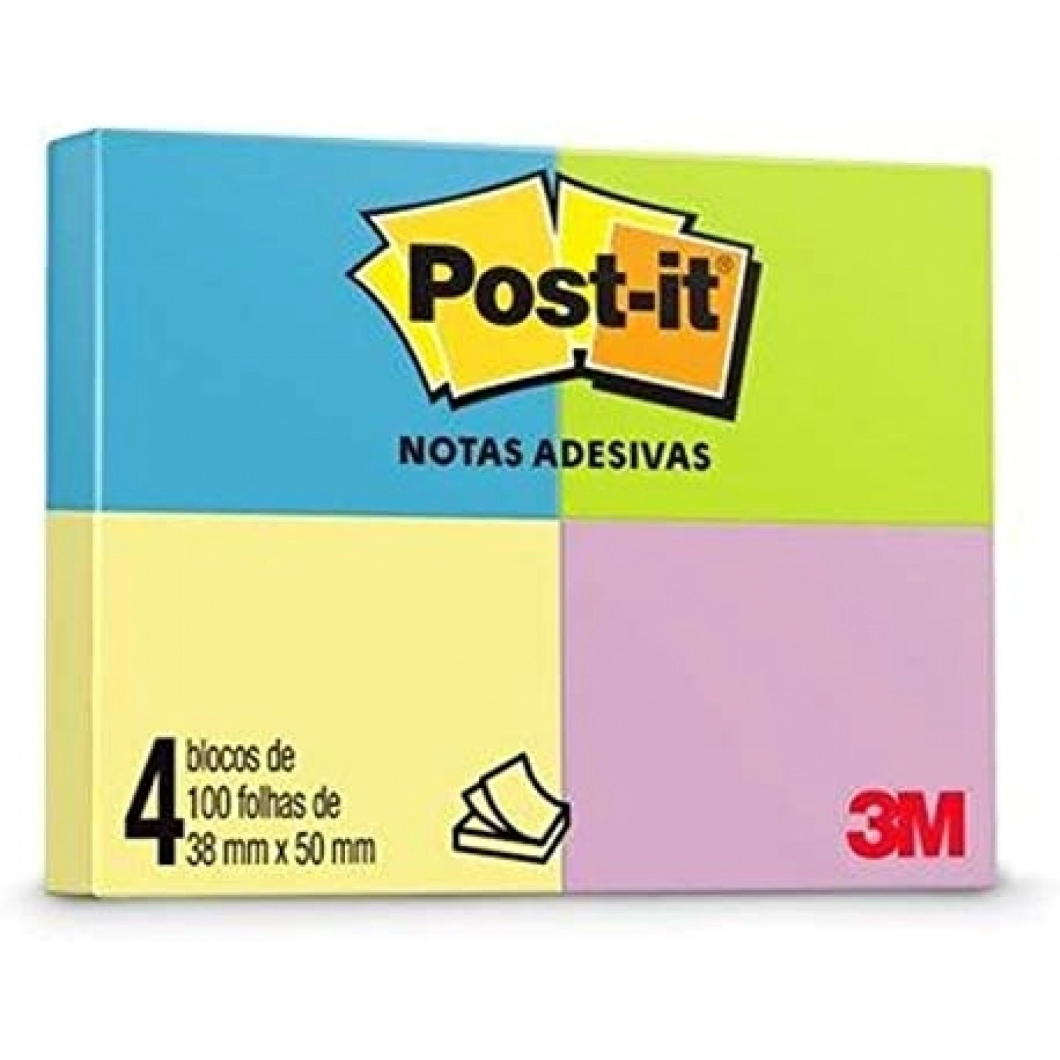 Post It Neon Cores 100 Folhas 4 Blocos 38x50mm 3m