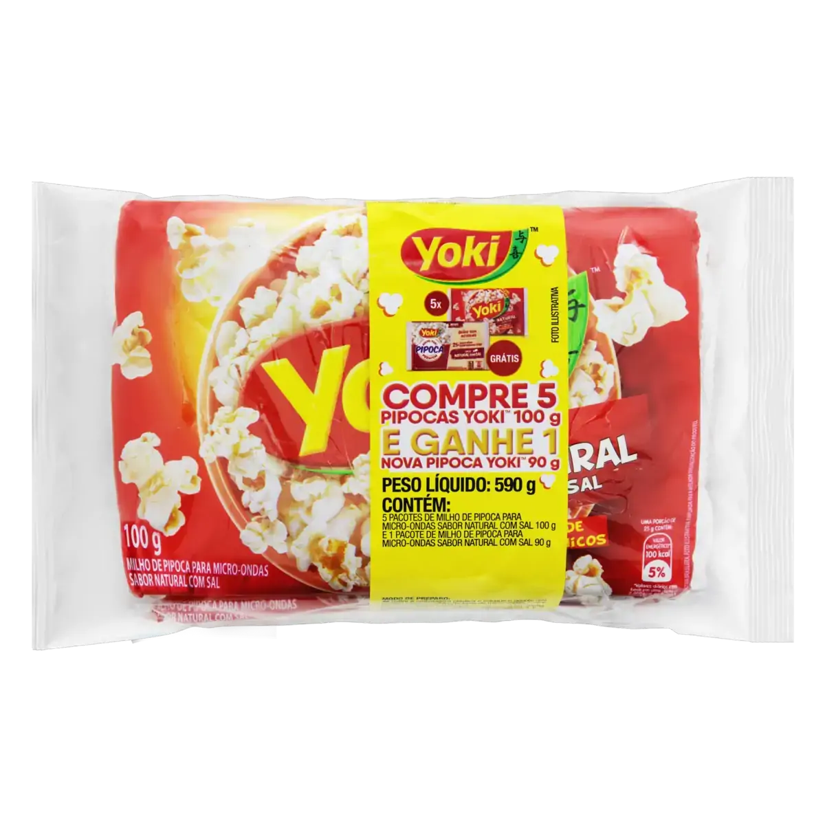 Pack Pipoca Para Micro Ondas Natural Com Sal Yoki Pacote 500g 5 Unidades Grátis Pipoca Premium 90g